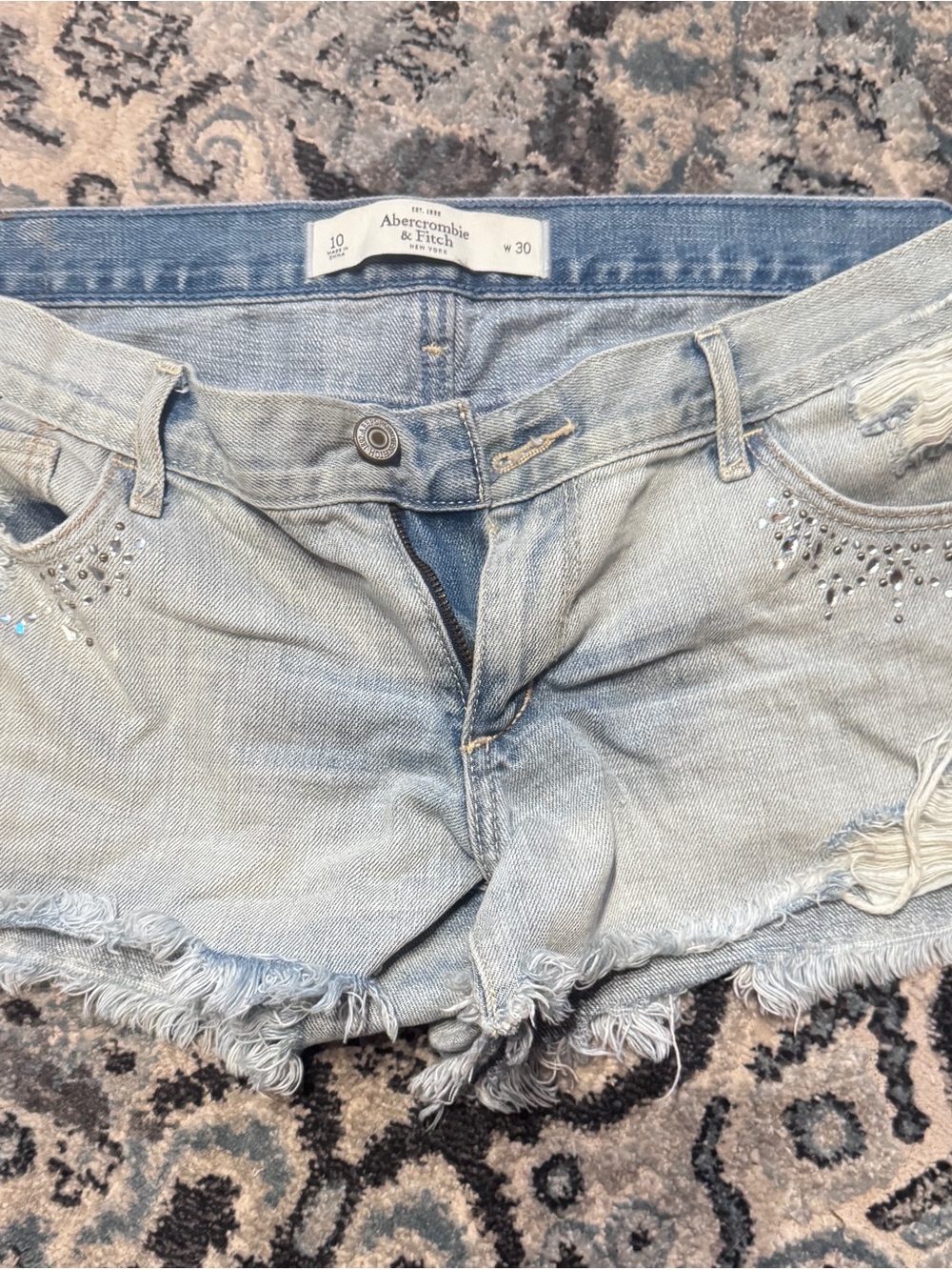 Abercrombie & Fitch Light Wash Denim Distressed Cutoff Shorts with Rhinestones